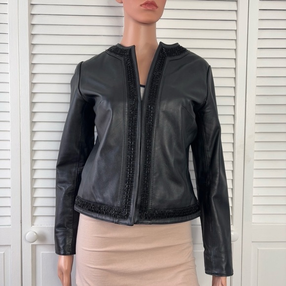 CHICO’S Black Leather Beaded Trim Jacket Size Small - Picture 1 of 9